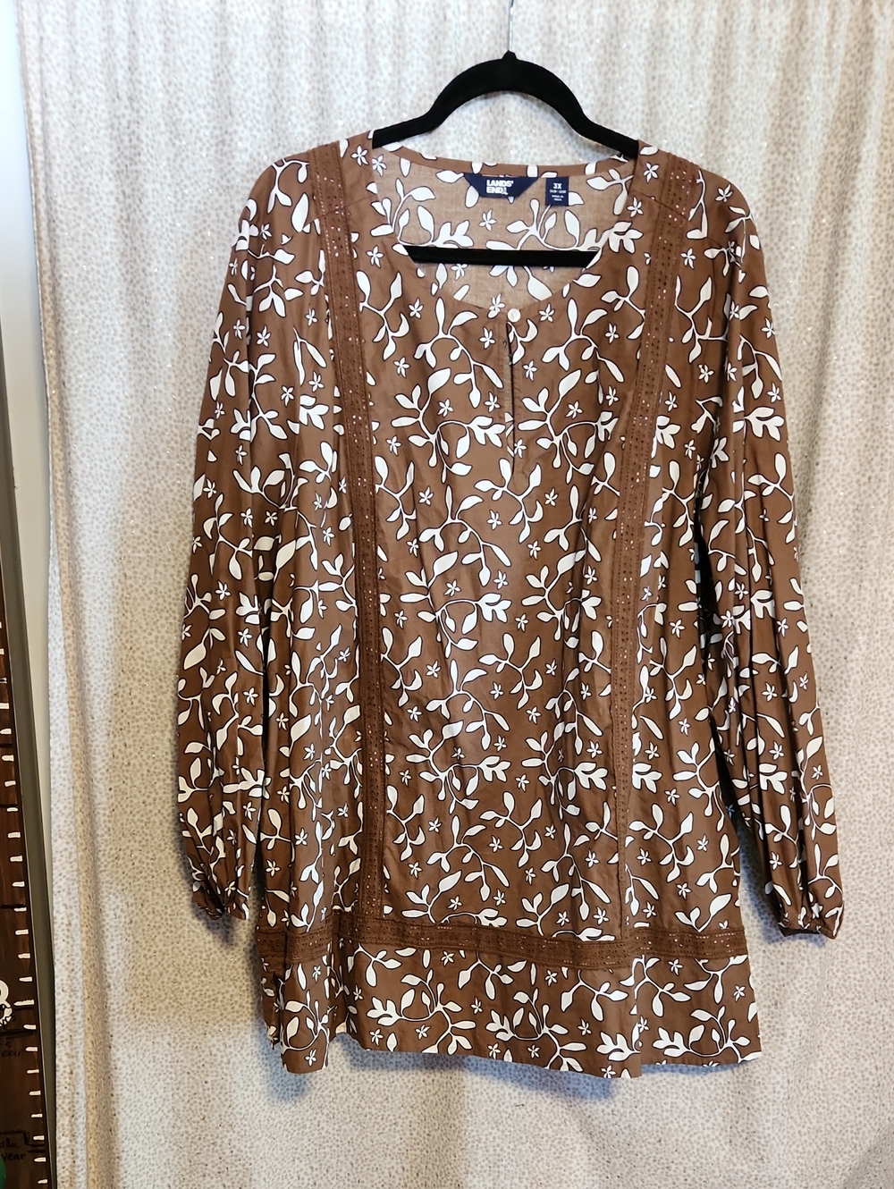 Lands' End Brown and White Floral Lace-Trim Women's Tunic Top